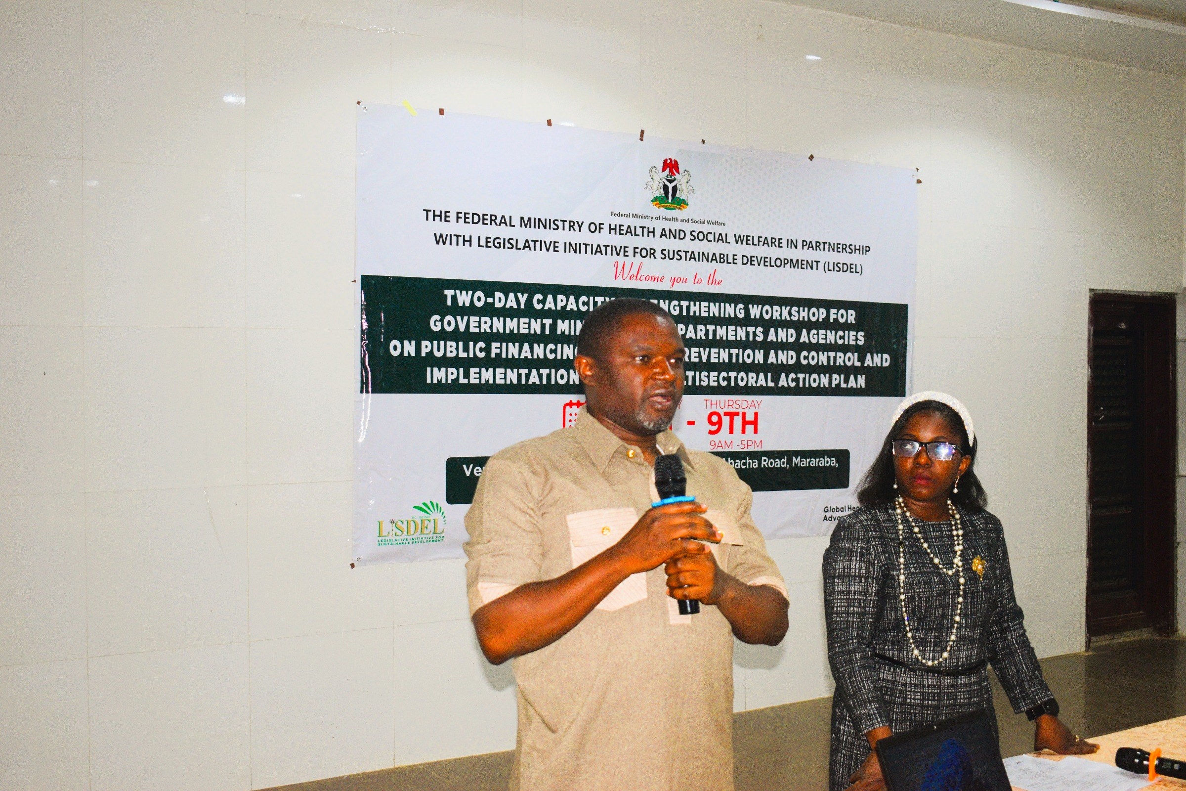 How is Nigeria strengthening public financing to prevent noncommunicable diseases (NCDs)? Dr. Malau Mangai Toma and Mrs. Bunmi Oshundele of Nigeria's Federal Ministry of Health and Social Welfare open the NCD financing workshop in Nasarawa State